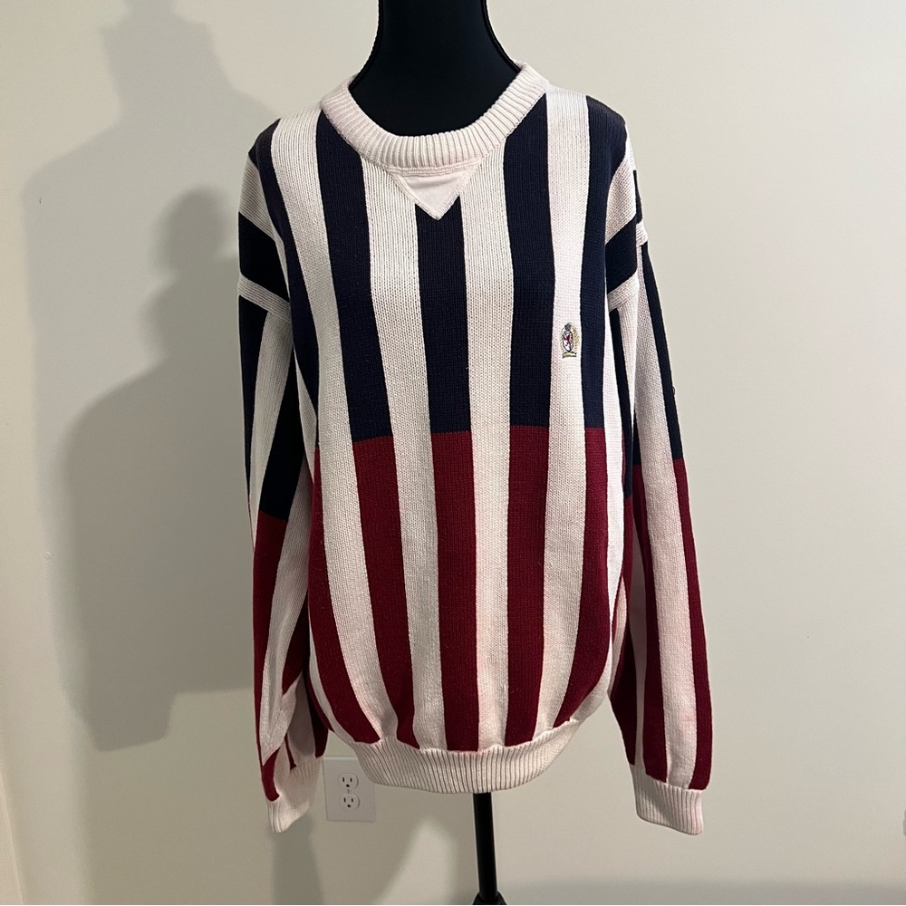 Tommy Hilfiger Men's L Red and Blue Striped Pullover Sweater Casual